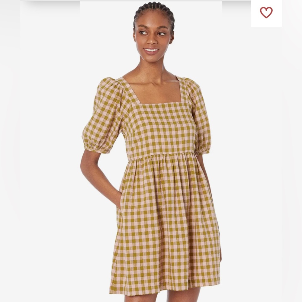 Madewell Gingham Seersucker Square Neck Puff Sleeve Minidress
